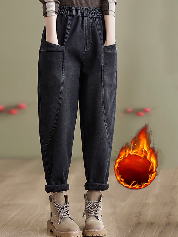 Women Autumn Vintage Solid Fleece-lined Harem Pants QN025 BK