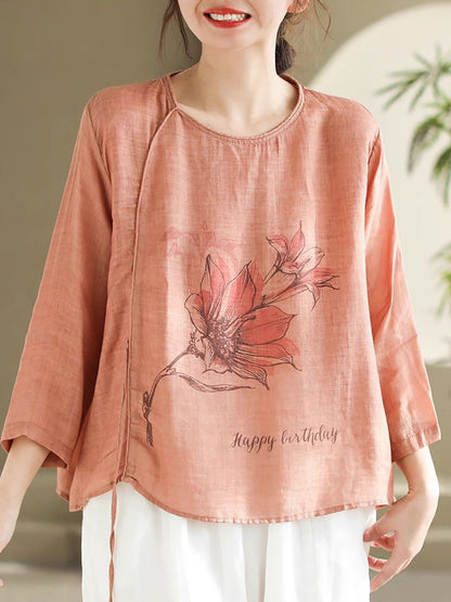 Women Spring Flower Vintage Strap Ramie Blouse PA1032 Ada Fashion