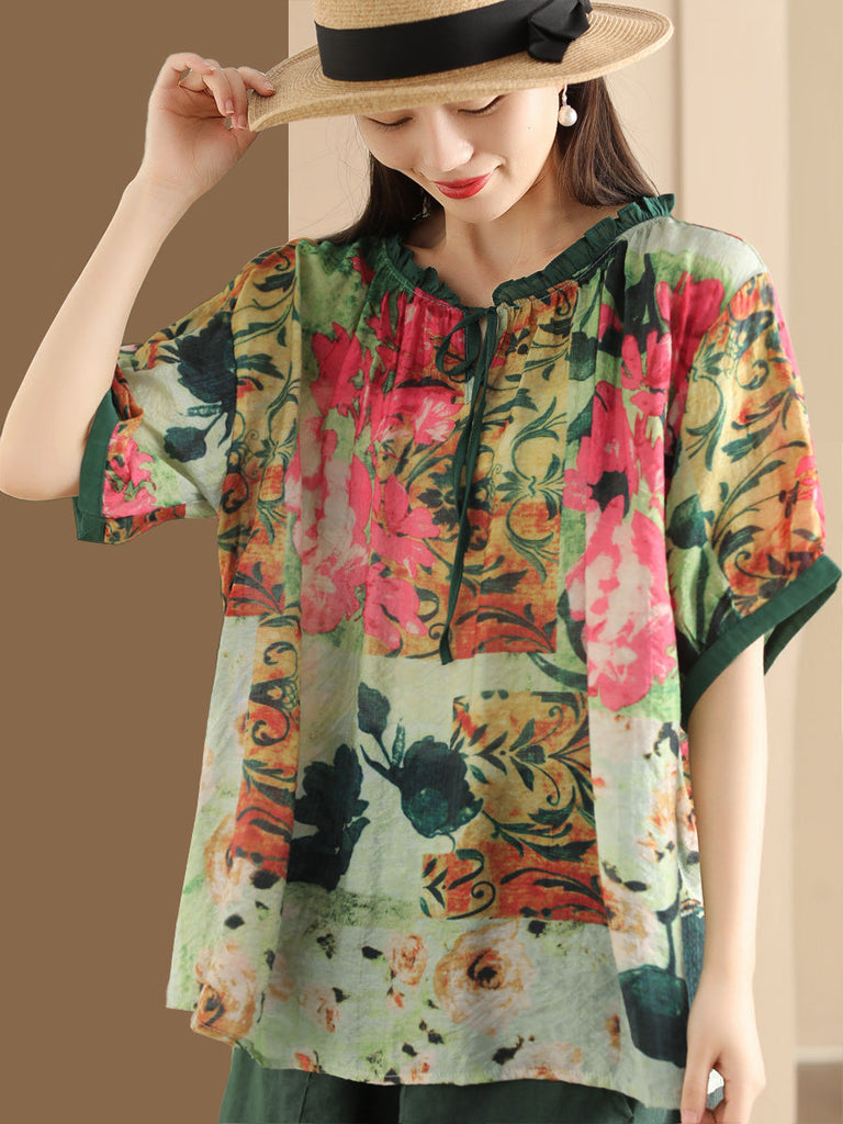 Women Summer Artsy Print Strap Loose Linen Shirt HH046 JLFZ