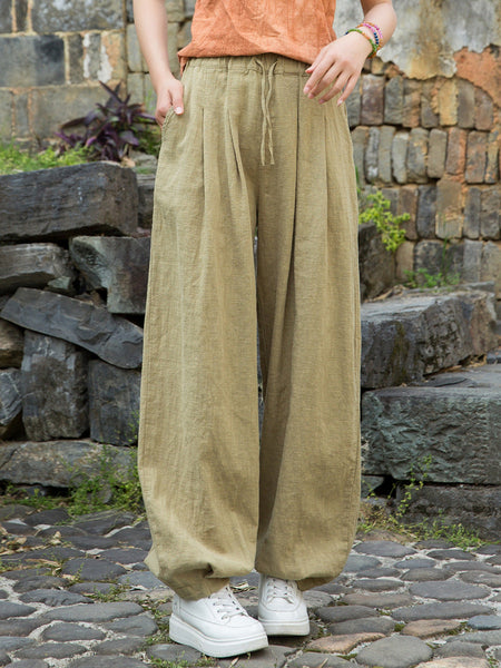 Women Pure Ramie Straight Worn Color Summer Pants FashionChic