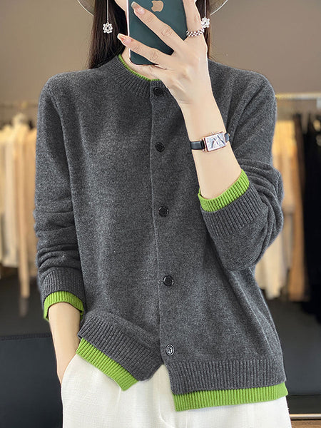 Women Autumn Colorblock Knit 100%Wool O-Neck Sweater QM006 BK