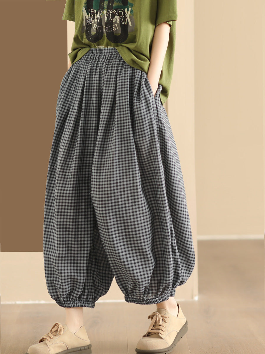 Women Summer Vintage Plaid Cotton Harem Pants BN1021 Ada Fashion