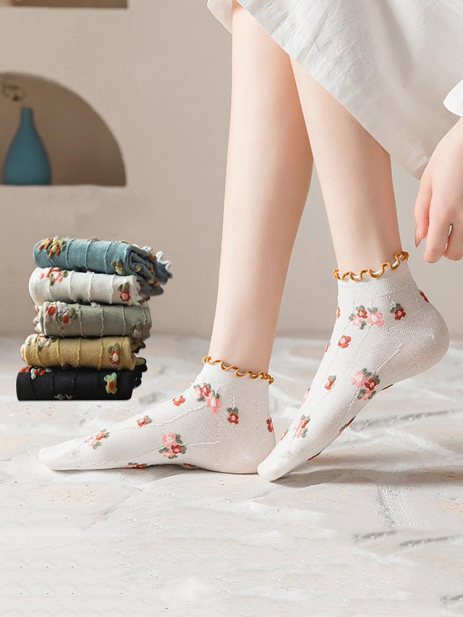 5 Pairs Women Summer Artsy Flower Jacquard Socks OO1032 BUYKUD