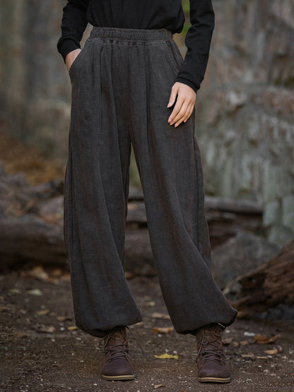 Women Vintage Autumn Solid Loose Ramie Cuffed Pants AT1013 BXF