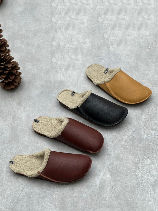 Women Vintage Winter Leather Fleece-lined Flat Slippers AV1041 Genistyle Shop