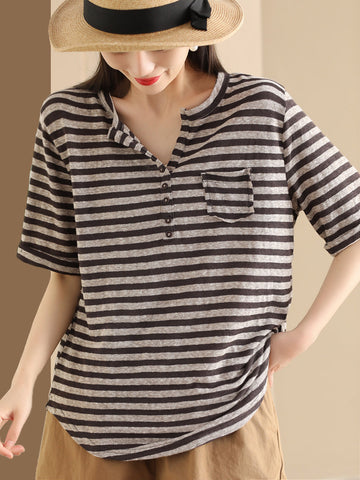 Women Sumer Casual Stripe V-Neck Button Shirt II1019 BUYKUD