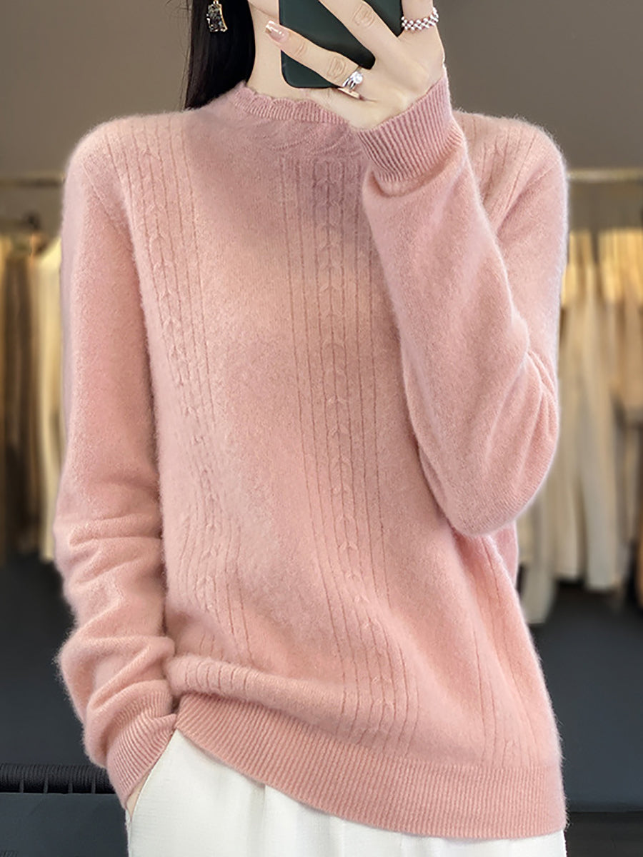 Women Autumn Solid Cable Knit 100%Wool Half Turtleneck Sweater QN028 BK