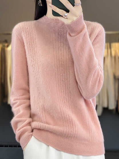 Women Autumn Solid Cable Knit 100%Wool Half Turtleneck Sweater QN028 BK