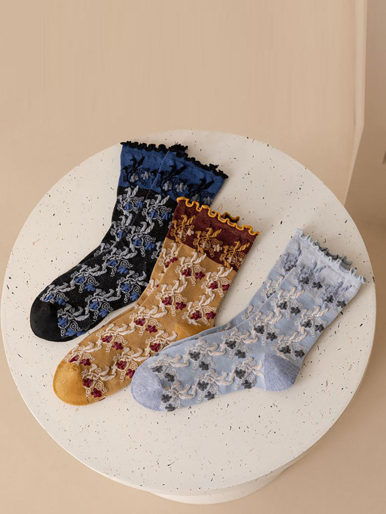 3 Pairs Women Autumn Flower Jacquard Colorblock Socks AH1023 BUYKUD