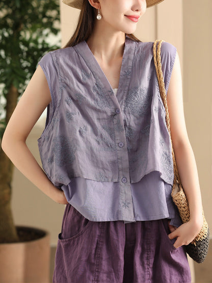 Women Summer Ethnic Embroidery Button-up Spliced Ramie Vest FD001 ZMMM