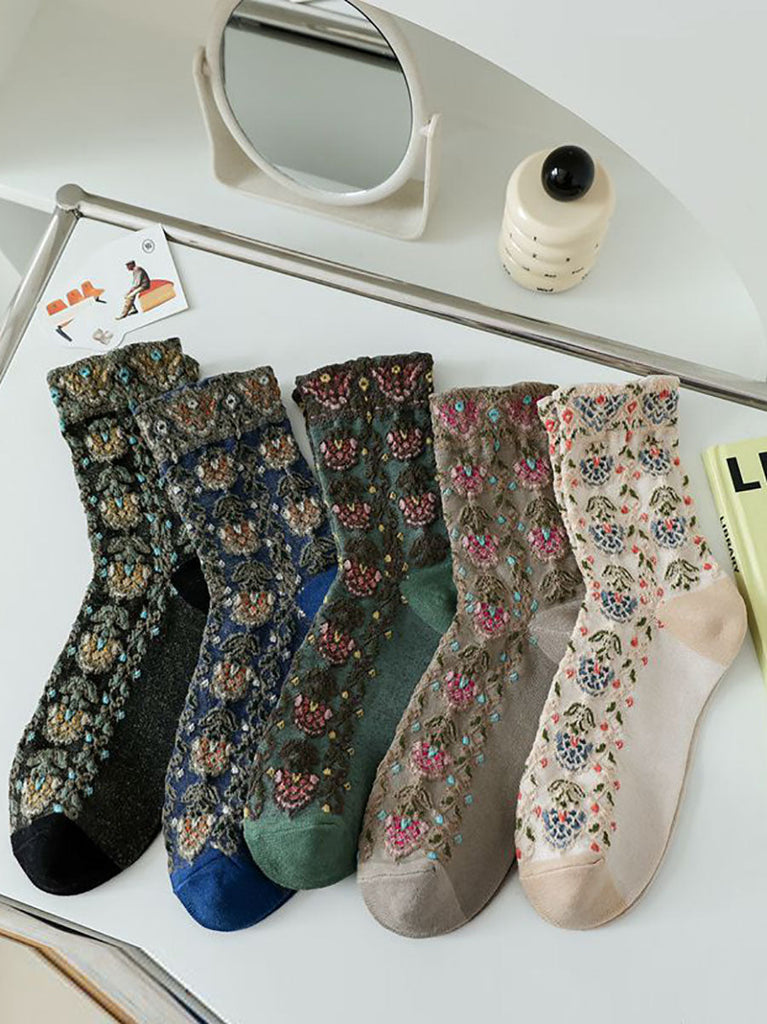 5 Pairs Women Artsy Flower Jacquard Socks AX1028 Genistyle Shop