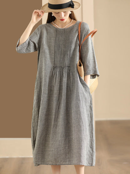 Women Summer Vintage Lattice Shirred O-Neck Ramie Dress OP1051 BUYKUD