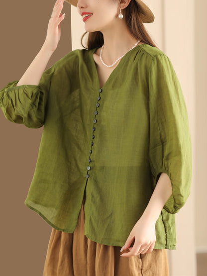 Plus Size Women Casual Summer Solid Button-up Ramie Shirt PA1038 Ada Fashion