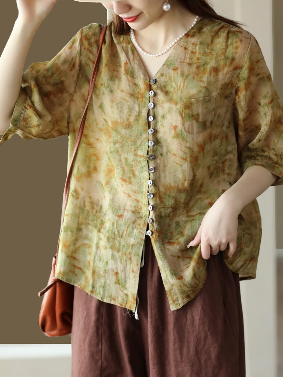 Women Vintage Floral Summer Button-Up Ramie Shirt XX1042 Ada Fashion