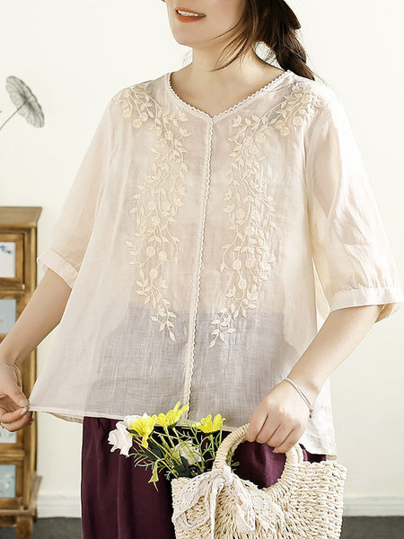Women Summer Artsy Embroidery V-Neck Ramie Shirt PP1020 ZMMM