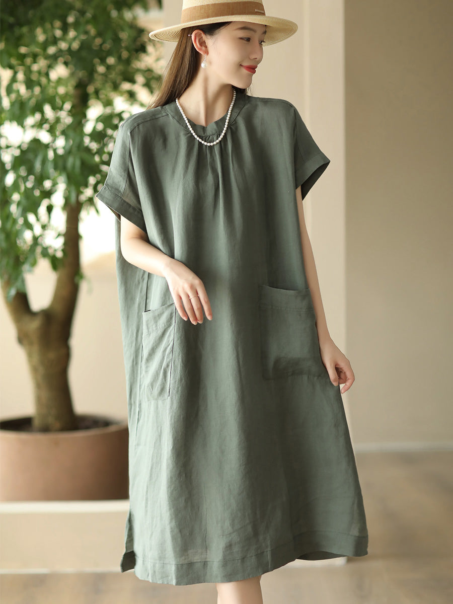 Women Summer Casual Solid Pocket O-Neck Linen Dress FD051 ZMMM