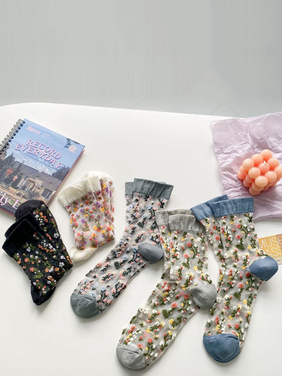 5 Pairs Women Summer Flower Jacquard Thin Socks FG1017 Ada Fashion