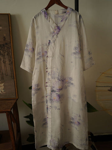 Women Ethnic Flower Button V-Neck Ramie Dress OO1002 BUYKUD