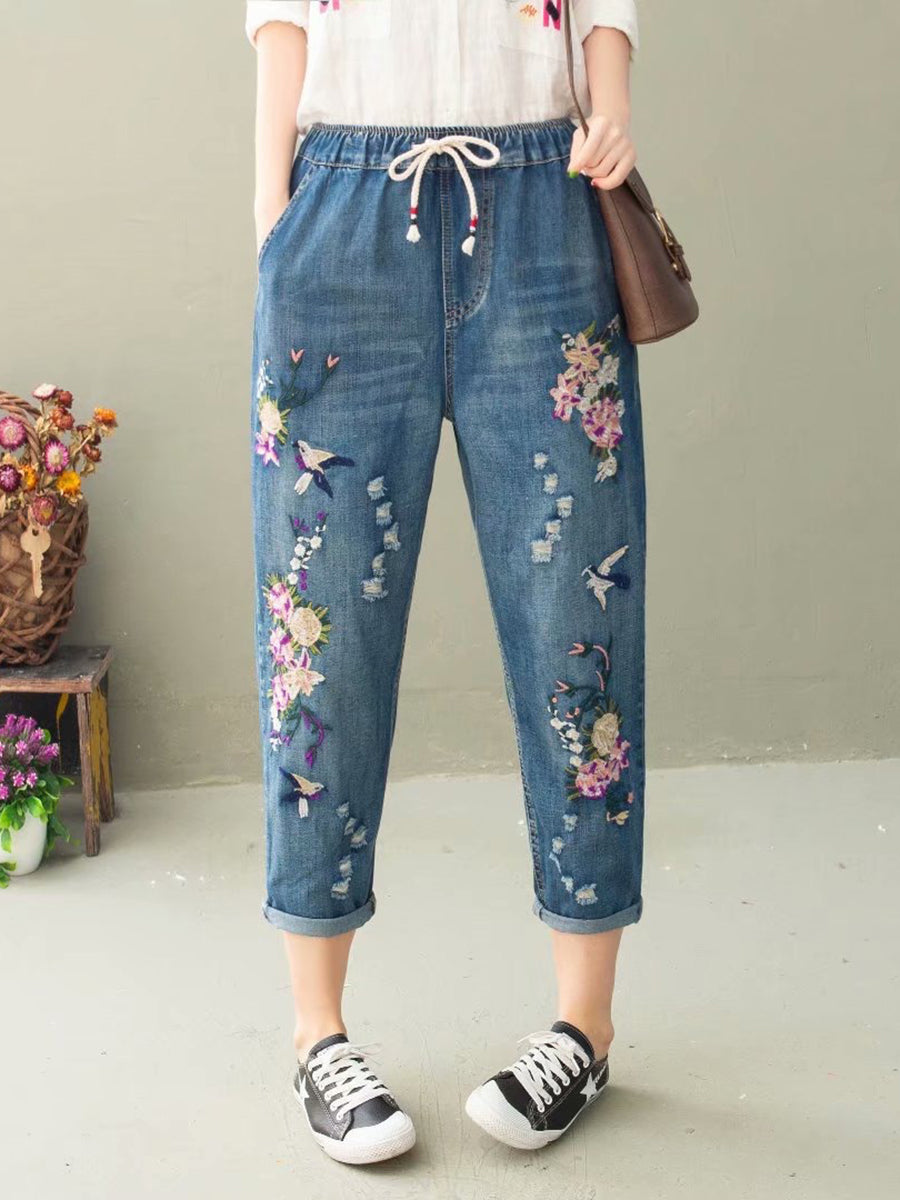 Women Summer Casual Flower Embroidery Denim Harem Pants IO1022 Ada Fashion