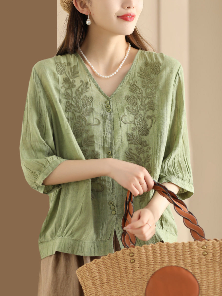 Women Vintage Summer Embroidery V-Neck Ramie Shirt PA1003 Ada Fashion