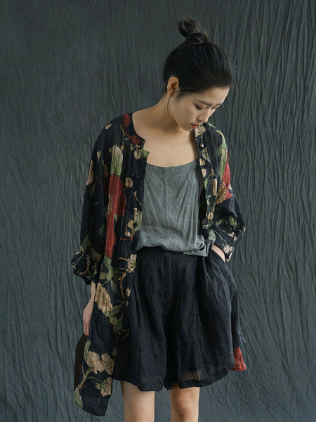 PLus Size Women Vintage Flower Print Ramie Spring Long Shirt AS1032 Ada Fashion