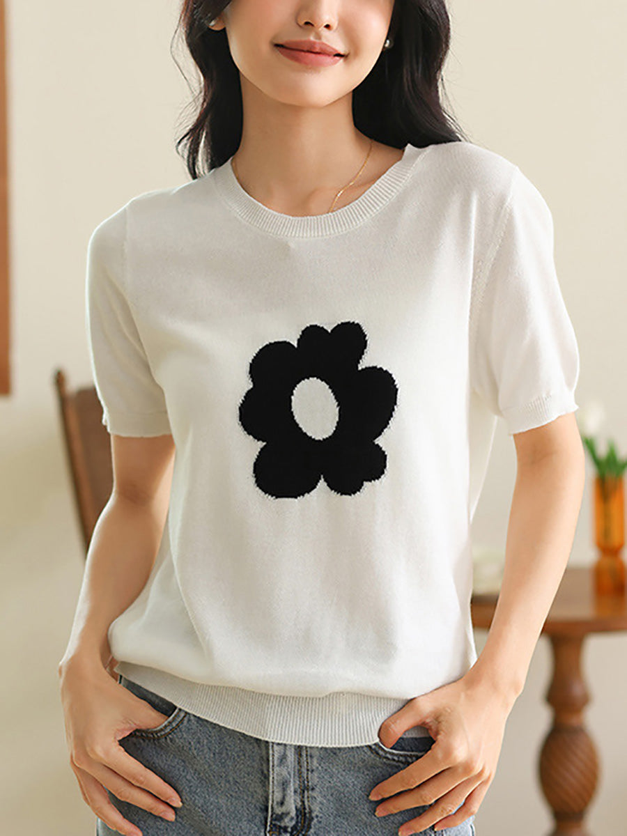 Women Summer Casual Flower Knitted Shirt KL1038 Ada Fashion