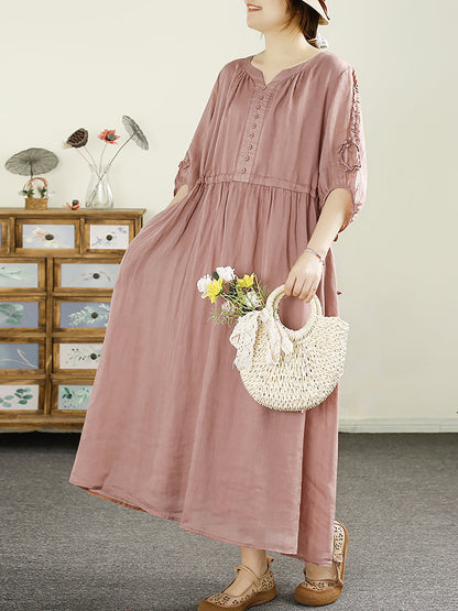 Women Summer Artsy Pure Color V-Neck Ramie Dress HH018 XJYF