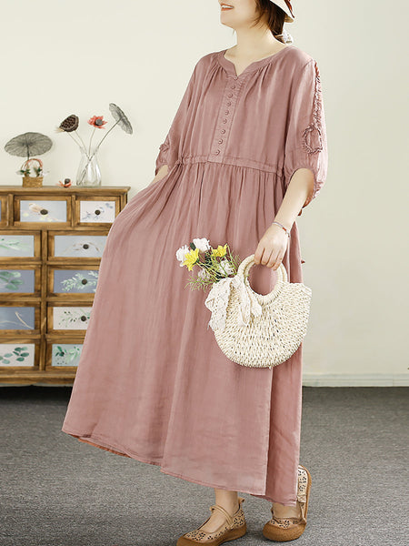 Women Summer Artsy Pure Color V-Neck Ramie Dress HH018 XJYF