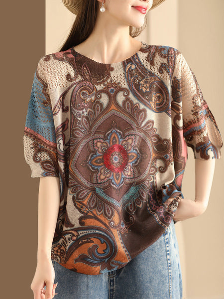 Women Summer Retro Knitted O-Neck Pullover Shirt SC1017 Ada Fashion