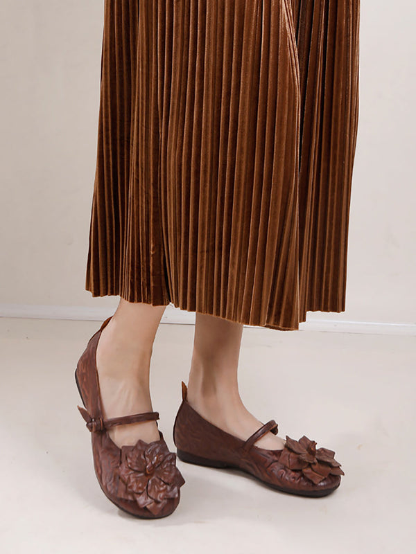 Women Summer Artsy Flower Leather Flat Shoes AA1005 Ada Fashion