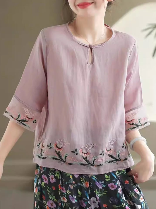 Women Summer Vintage Floral Embroidery Ramie Shirt AS1045 Ada Fashion