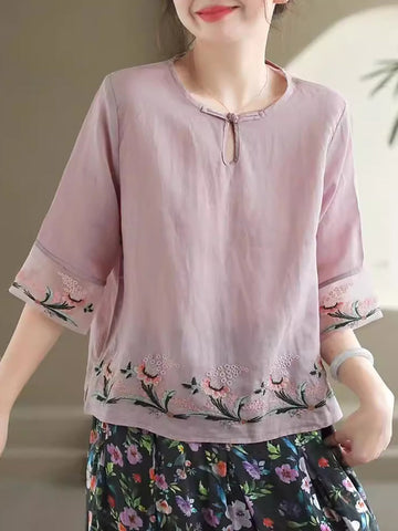 Women Summer Vintage Floral Embroidery Ramie Shirt AS1045 Ada Fashion