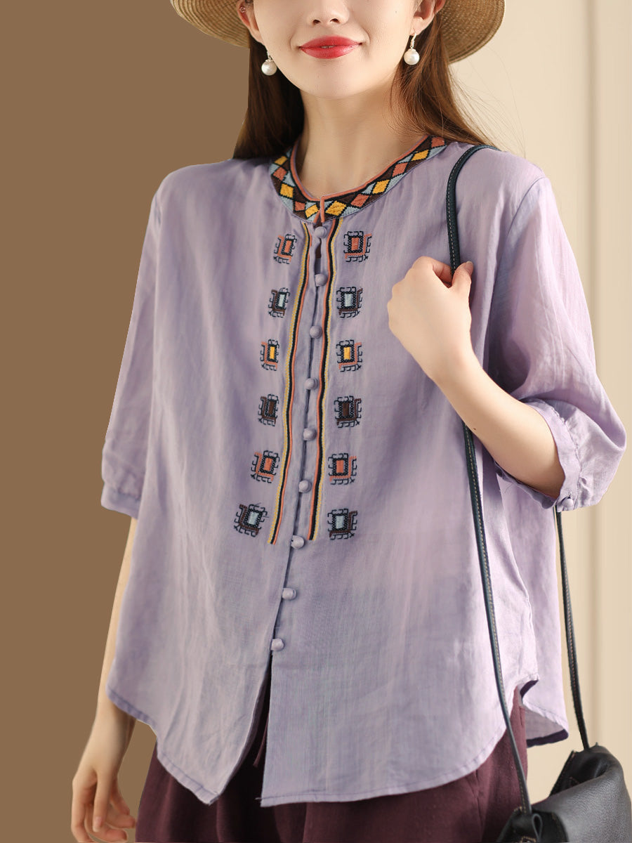 Women Summer Ethnic Embroidery Ramie Shirt ZZ1053 Ada Fashion