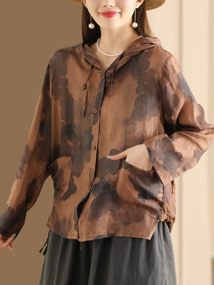 Women Spring Artsy Flower Button-Up Hooded Shirt CO1004 Ada Fashion