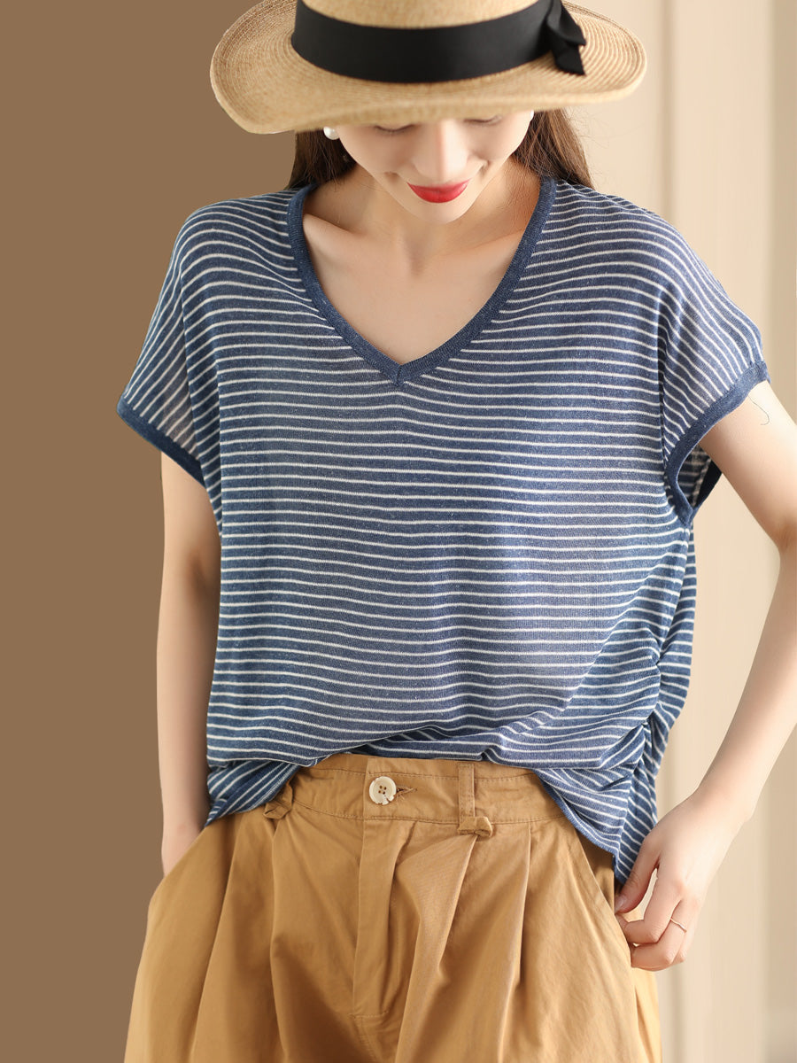 Women Summer Casual Stripe V-Neck Shirt AA1013 Ada Fashion