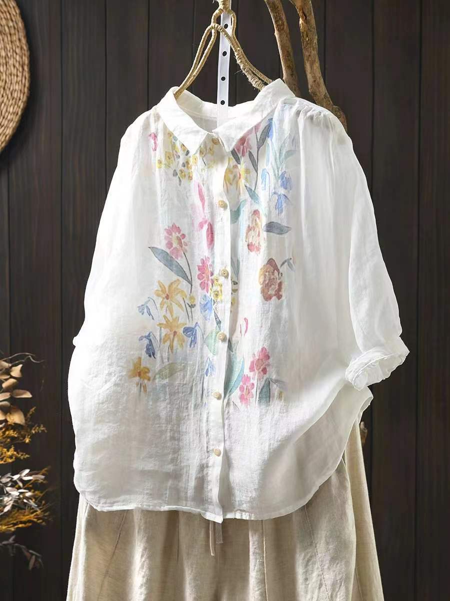 Women Artsy Summer Flower Print Ramie Blouse PA1033 Ada Fashion