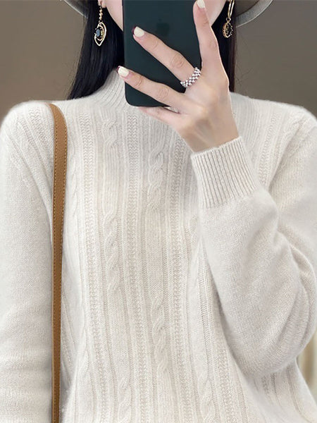 Women Autumn Solid Cable Knit 100%Wool Half Turtleneck Sweater QN027 BK