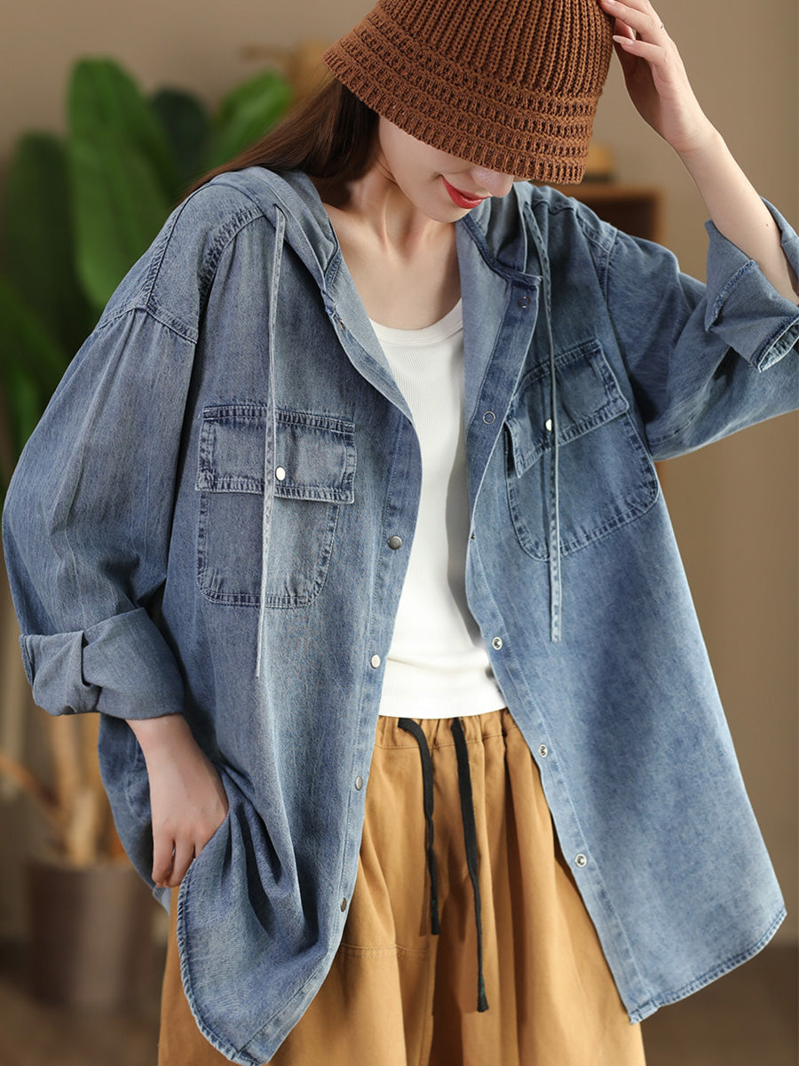 Women Casual Solid Autumn Pocket Denim Hooded Coat AT1026 ZMMM