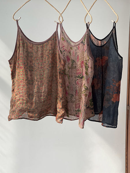 Plus Size Women Summer Vintage Flower Ramie Thin Vest II1061 YCGS