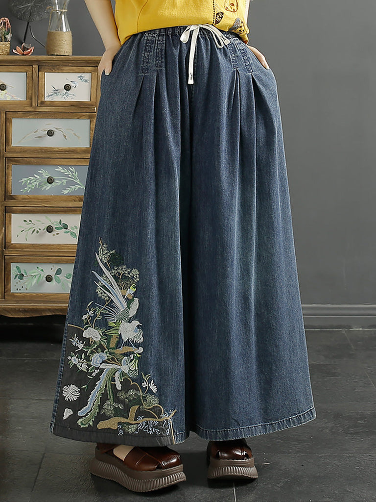 Women Vintage Ethnic Embroidery Wide-leg Denim Pants KL1008 Ada Fashion