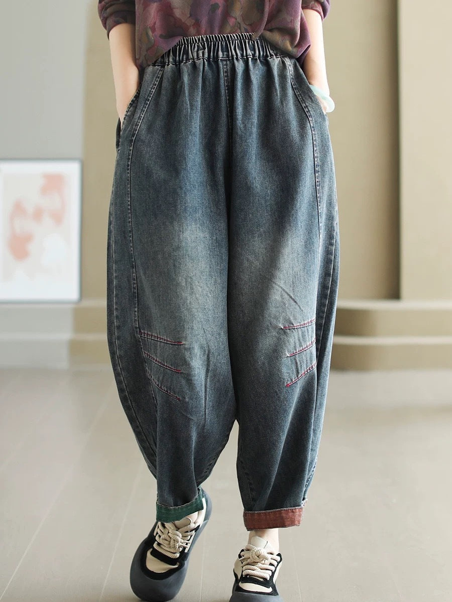 Women Autumn Artsy Spliced Denim Harem  AH1038 BK