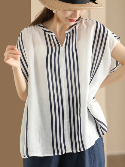 Women Summer Artsy Stripe V-Neck Thin Linen Shirt CV1053 Ada Fashion