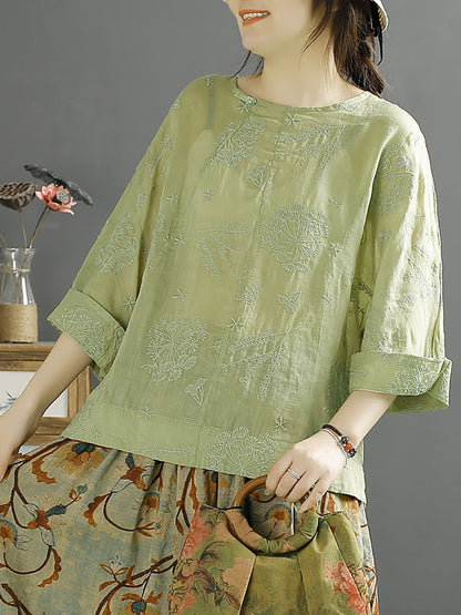 Women Vintage Embroidery Solid Ramie Shirt AA1012 Ada Fashion