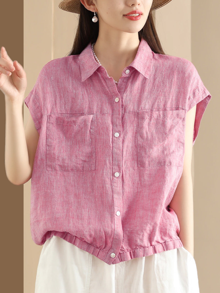 Women Summer Casual Plaid Button-up Linen Shirt HH013 BUYKUD