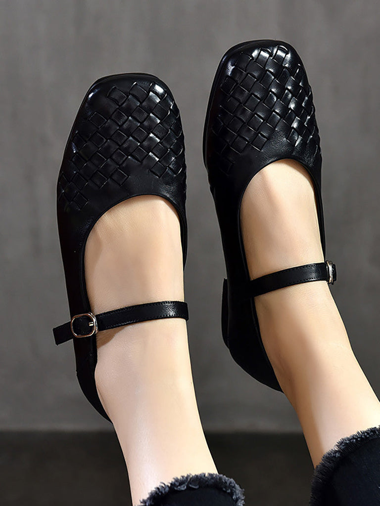 Women Summer Casual Leather Weave Low-Heel Shoes LL004 BUYKUD