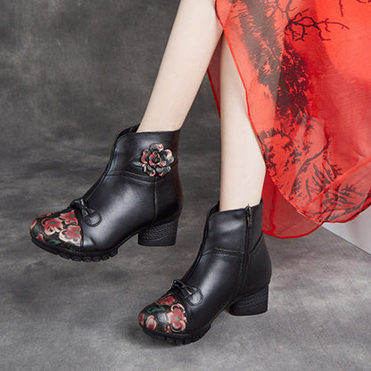 Women Ethnic Autumn Flower Spliced Leather Mid-Heel Boots AI1019 MXXZ