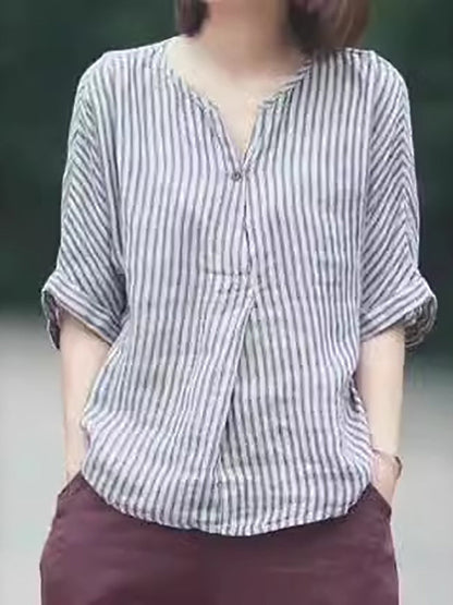 Women Casual Stripe Summer Linen V-Neck Shirt PA1001 Ada Fashion
