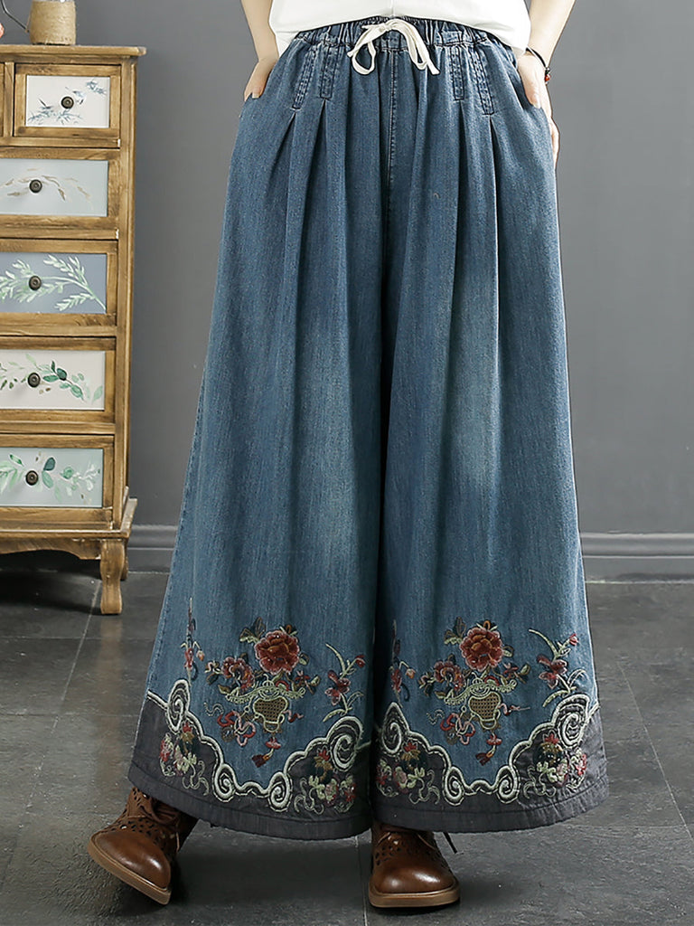 Women Summer Ethnic Embroidery Denim Wide-leg Pants SC1045 Ada Fashion