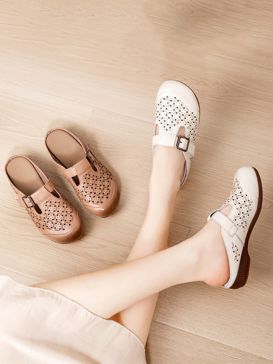 Heel Hollow Out Genuine Low Leather Women Shoes Vintage FashionChic