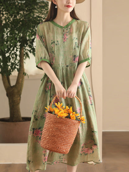 Women Summer Vintage Floral Strap Ramie Dress CX008 ZMMM